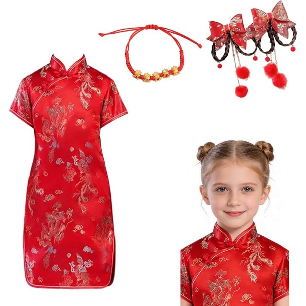 3 Pcs Red Qipao Style Kids Dress Set Girls Size 8-14 with Hair Clips & Bracelet